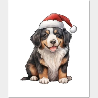 Bernese Mountain Dog in Santa Hat Posters and Art